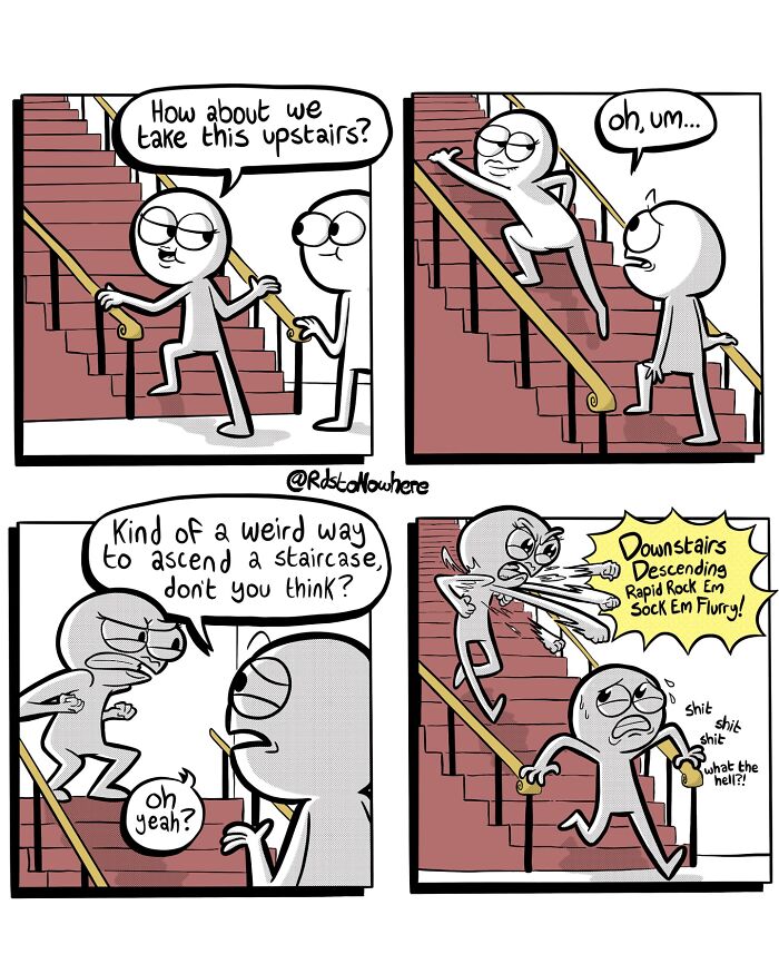 Comic artist Ryan Rds showcases a humorous twist in a new comic about a quirky staircase ascent technique.