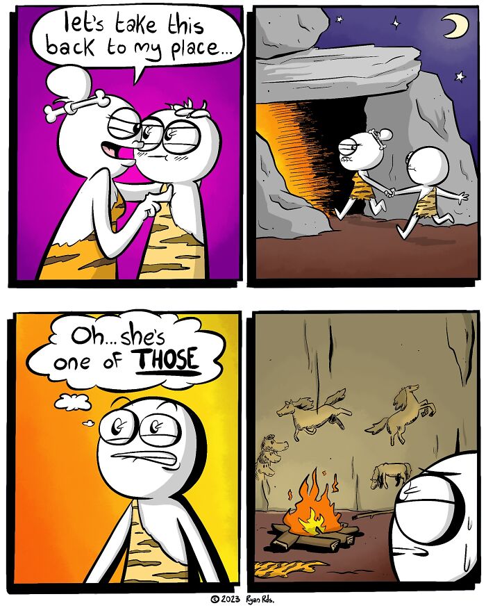Comic by artist Ryan Rds with a humorous twist, featuring two characters at a cave with fire and ancient wall art.