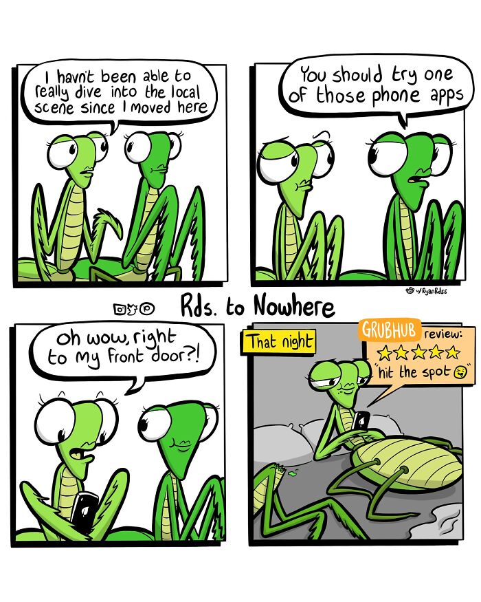 Insect comic by artist Ryan Rds shows two bugs using a phone app for food delivery, featuring humor and a surprise twist.