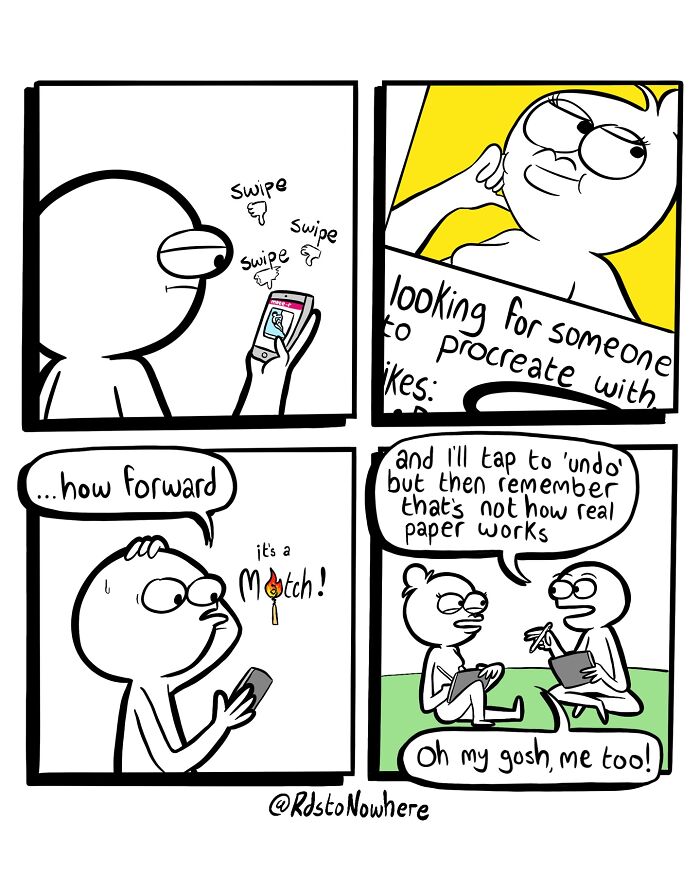 Comic by artist Ryan Rds featuring a humorous twist on dating app interactions and the concept of "undo" in real life.