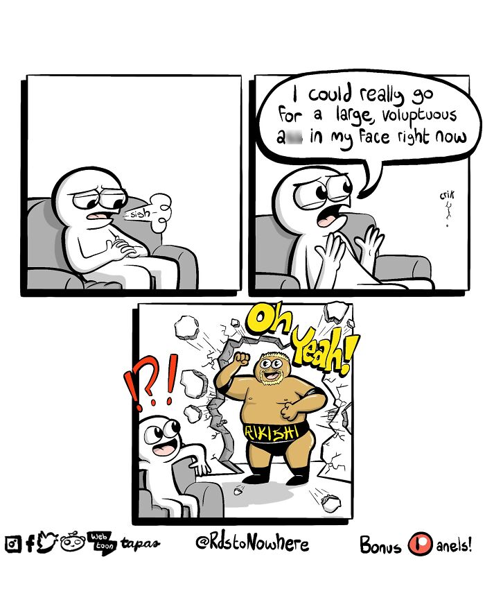 Comic by artist Ryan Rds; character surprised as wrestler breaks through wall with "Oh Yeah!" caption.