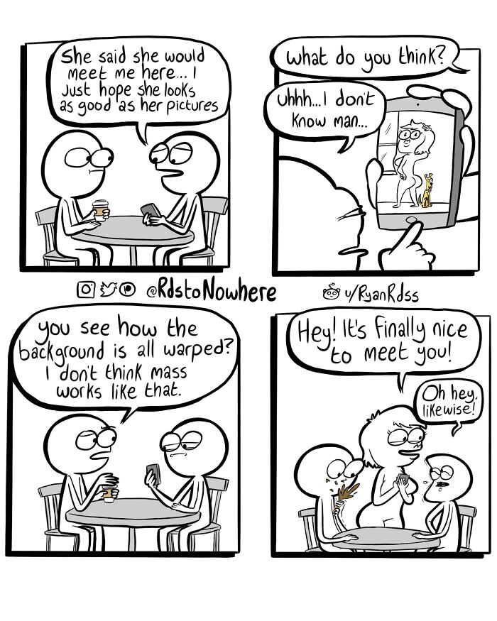 Comic by artist Ryan Rds featuring a humorous twist on online dating expectations vs. reality.
