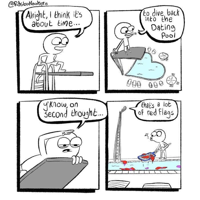 Comic by Ryan Rds: Character hesitates to dive into a dating pool filled with red flags.