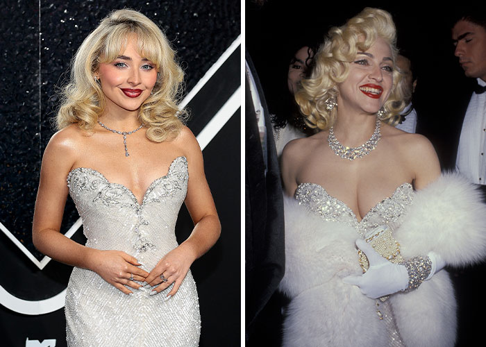 Two women in glamorous, iconic silver dresses, reminiscent of past Hollywood fashion.