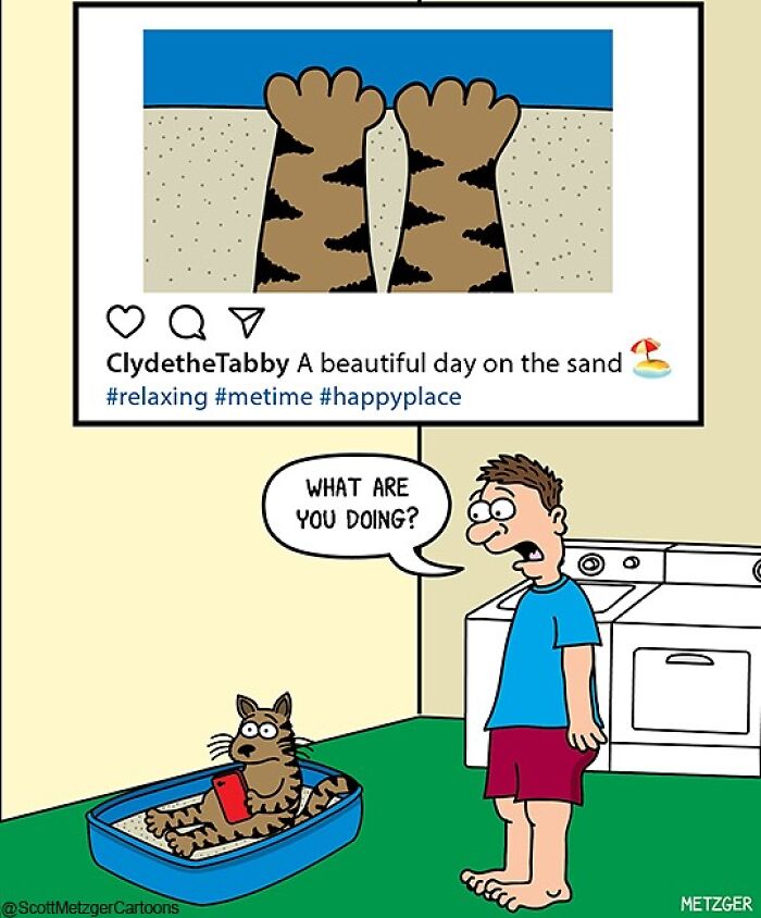 Cartoon of a cat relaxing in a litter box with a phone, surprised owner nearby. Funny comics for cat and dog owners.
