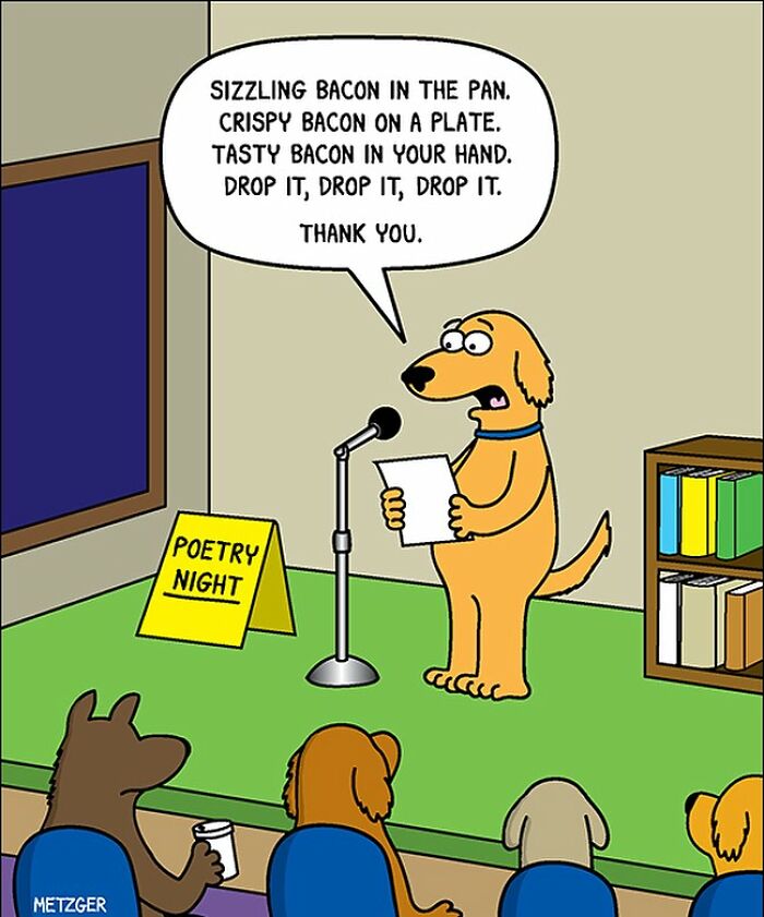 Dog reciting a bacon-themed poem at a poetry night, amusing other dogs, by Scott Metzger, a comic for cat and dog owners.