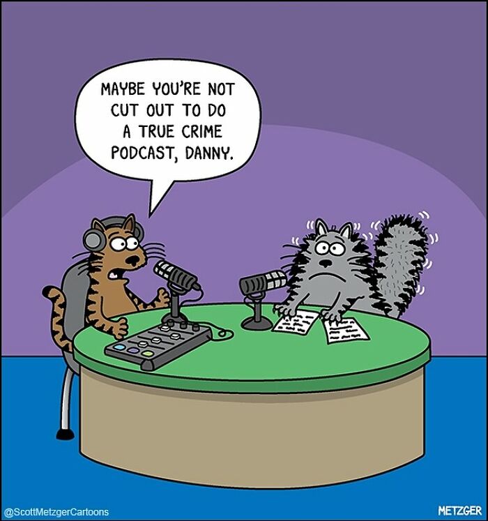Cat and raccoon podcasting, with a humorous twist, in Scott Metzger's funny comic for pet owners.