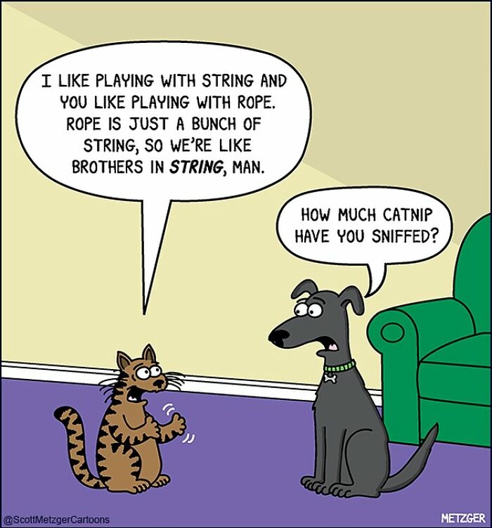 Cat and dog comic by Scott Metzger, cat discussing string, dog questioning catnip consumption.