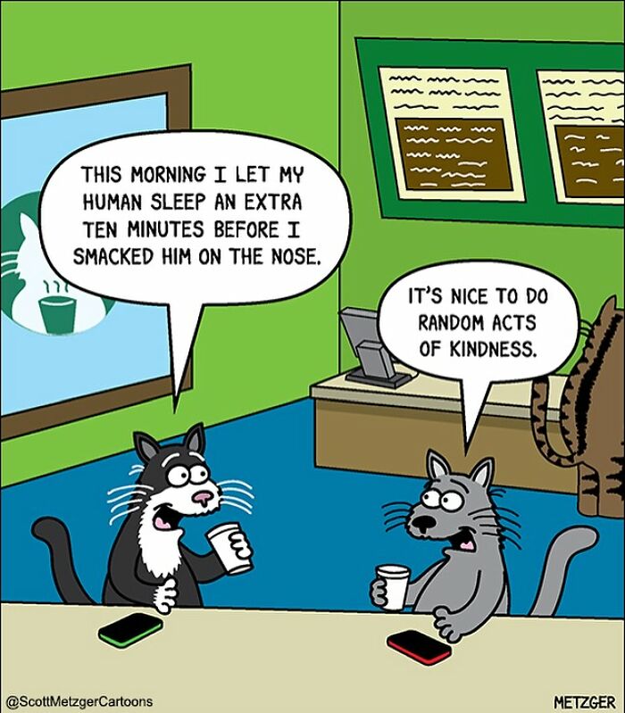 Funny comic by Scott Metzger features two cats discussing letting their human sleep in.