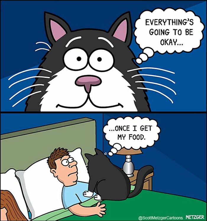 Cat humor comic by Scott Metzger showing a cat thinking about food while sitting on a bed.