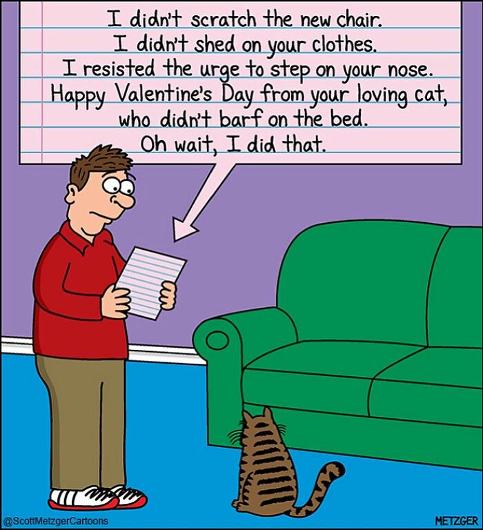 Man reading cat's humorous Valentine's note about mischief, cat sitting nearby.