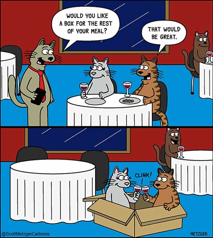 Cats in a restaurant, enjoying a meal. They sit in a box, clinking glasses. Humor for cat owners by Scott Metzger.
