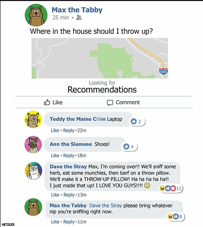 Funny comic by Scott Metzger showing cats humorously discussing where to throw up in the house.