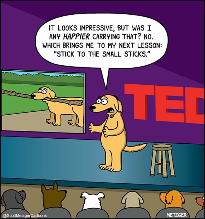 Dog giving funny TED talk about carrying sticks, comic by Scott Metzger for cat and dog owners.