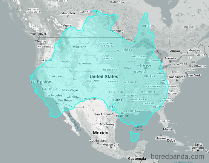 Map overlay showing Australia's size compared to North America, illustrating country size misconceptions.