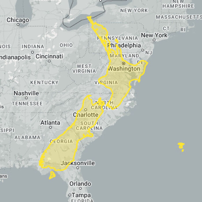 Map showing New Zealand compared in size to the eastern United States, highlighting how countries' sizes differ in perception.