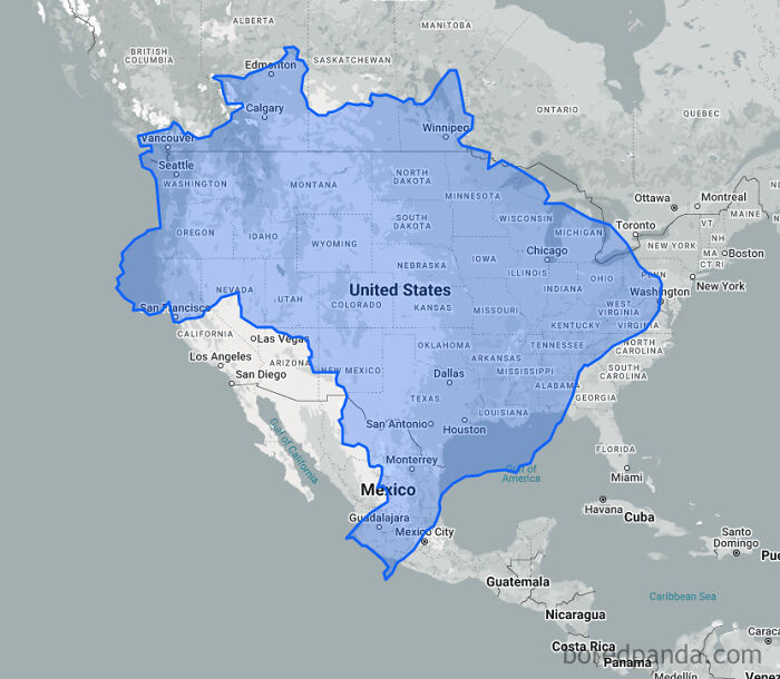 Map showing the size of Brazil overlaid on the United States and Mexico, illustrating country size differences.
