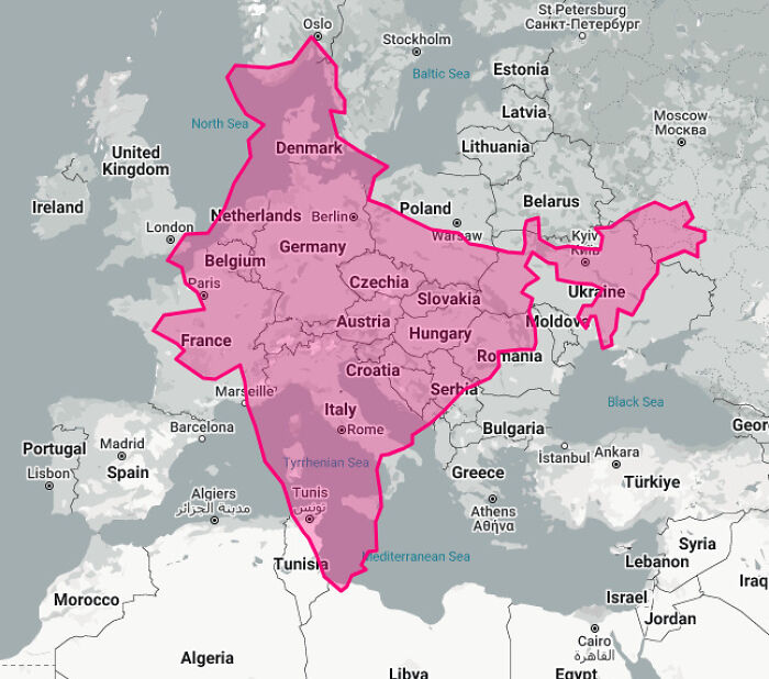 Map showing India overlaid on Europe, illustrating the surprising size comparison of countries.