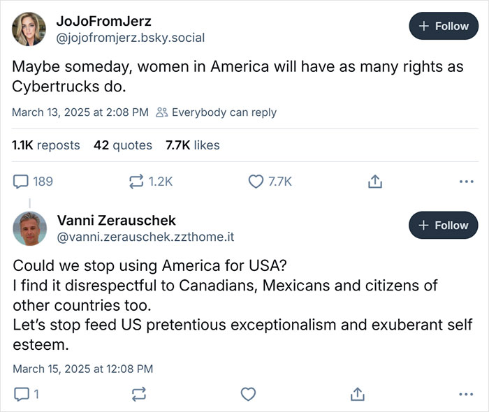 Social media posts sharing hot takes on women's rights and American terminology.