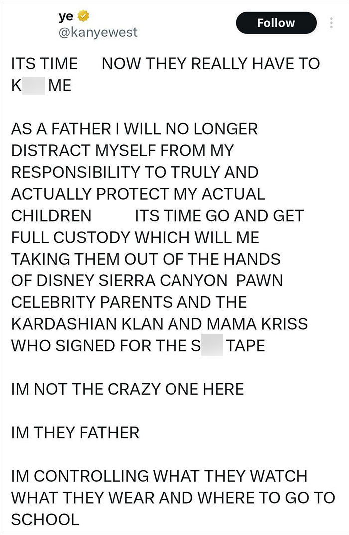 Kanye West shares post accusing Kim Kardashian of control issues about their children on social media.