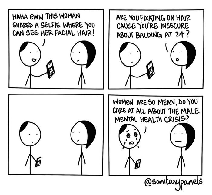 Comic highlighting ironies in Indian society and politics, featuring a conversation on hair and mental health.