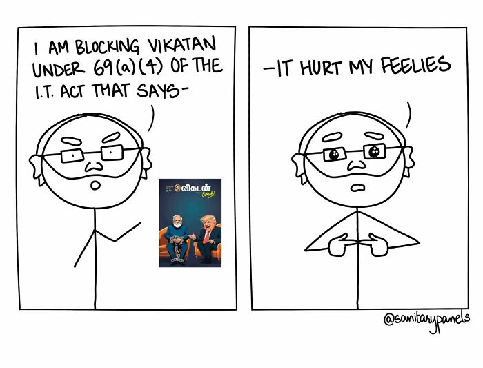 Comic highlighting Indian society's ironies, featuring a character discussing blocking under I.T. Act and feeling offended.