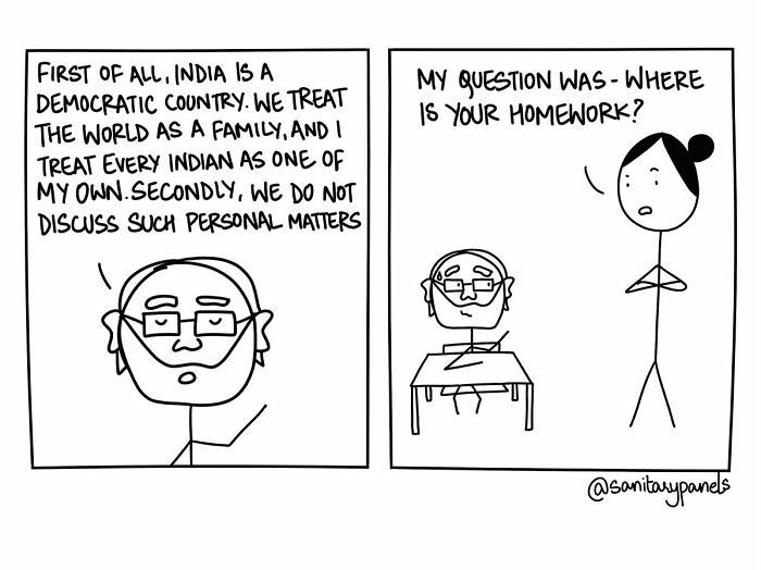 Comic highlighting ironies in Indian society and politics, featuring a teacher asking a student about homework.