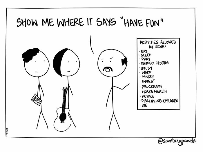 Comic highlighting ironies of Indian society, featuring three characters debating allowed activities, excluding "have fun".