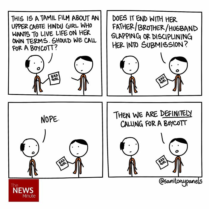 Comic exposing ironies in Indian society and politics, featuring a conversation about boycotting a Tamil film.