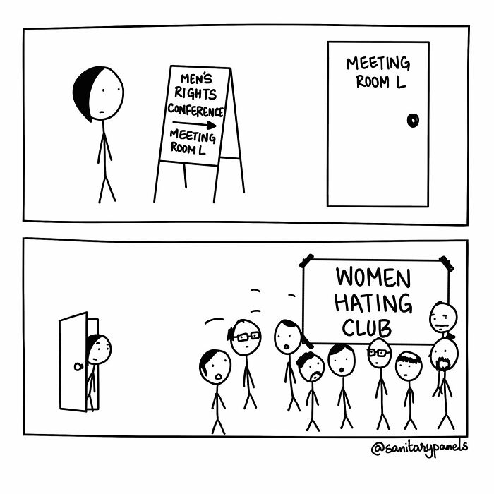 Comic exposing Indian society irony with people at a "Men’s Rights Conference," revealed as a "Women Hating Club."