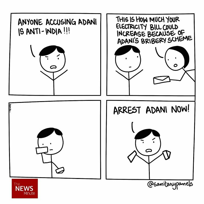 Comic strip criticizing Indian politics, featuring a figure discussing accusations and consequences related to Adani.