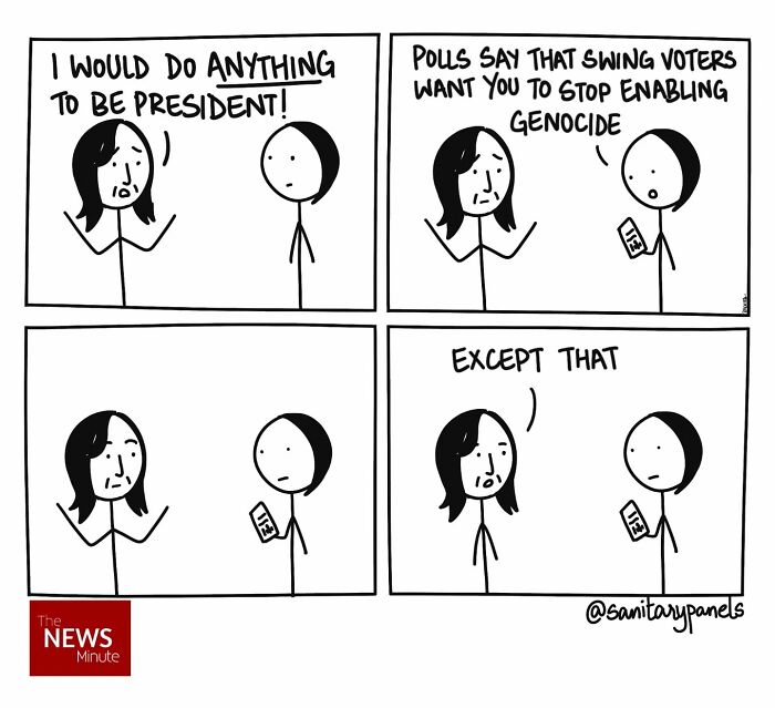 Comic depicting political irony in Indian society with a character discussing swing voter demands.