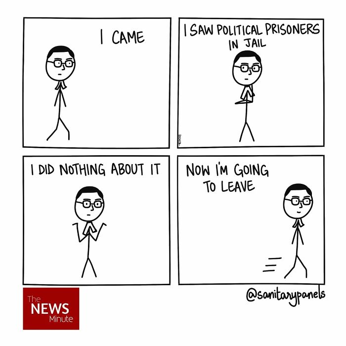 Stick figure comic illustrating societal and political ironies, highlighting passive observation of political prisoners in India.