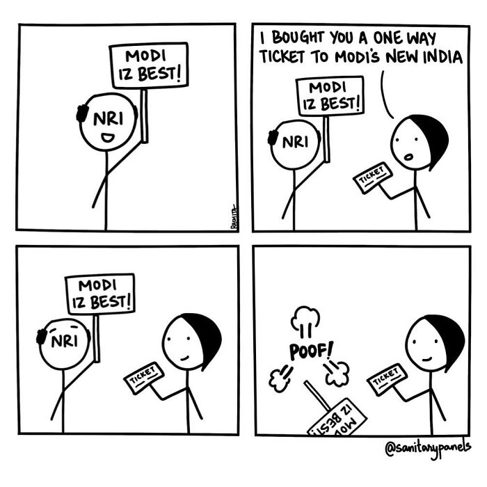 Comic highlighting ironies in Indian society with stick figures discussing a ticket to "Modi's New India" and a disappearing sign.