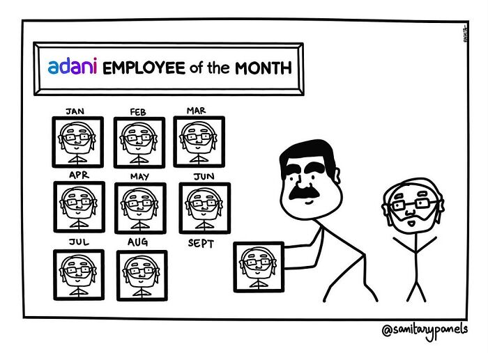 Cartoon satirizing Indian society and politics shows repetitive employee of the month awards with two characters.