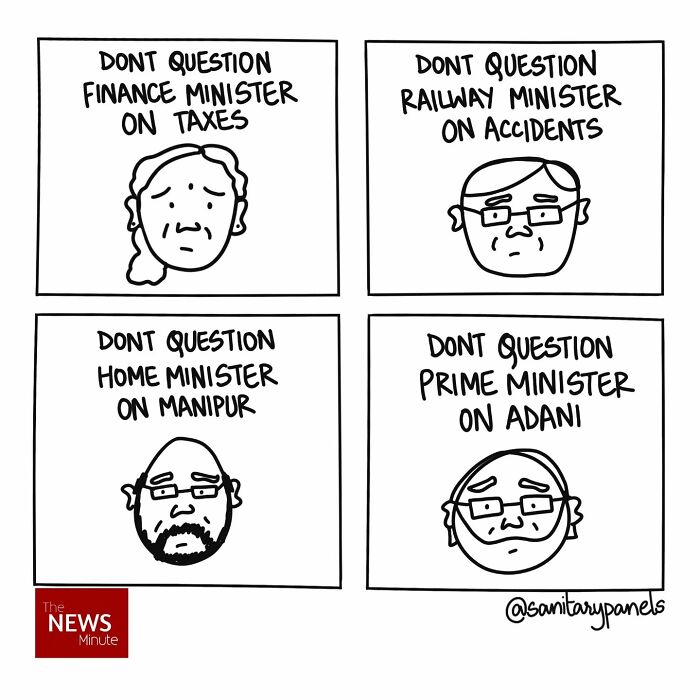 Comics highlighting the ironies of Indian society and politics, featuring ministers with captions questioning their responsibilities.