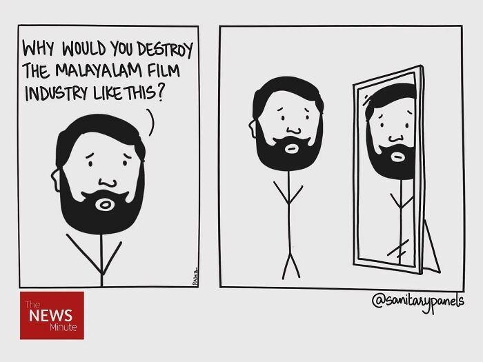 Comic strip highlighting the irony of criticism in the Malayalam film industry, featuring a stick figure and mirror.