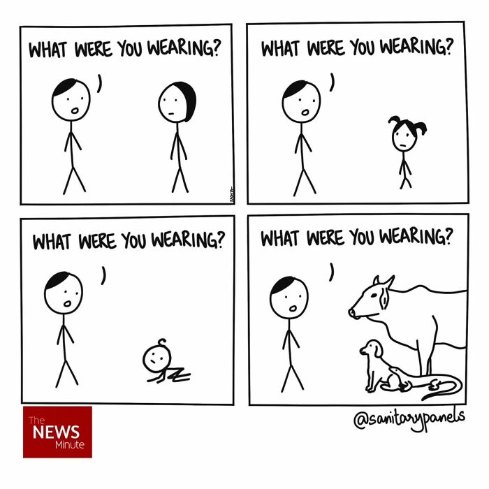 Comic strip highlighting ironies in Indian society with repeated question, "What were you wearing?" to different characters.