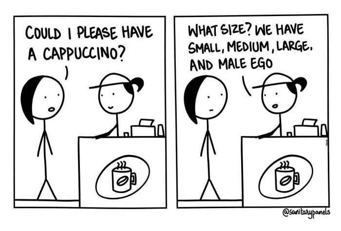 Comic strip highlighting irony in Indian society; barista offers cappuccino size options: small, medium, large, male ego.