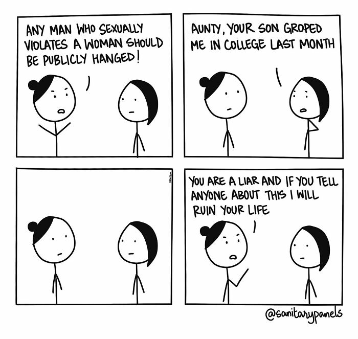 Comic strip highlighting the ironies in Indian society, depicting a conversation about s****l a*****t and societal hypocrisy.