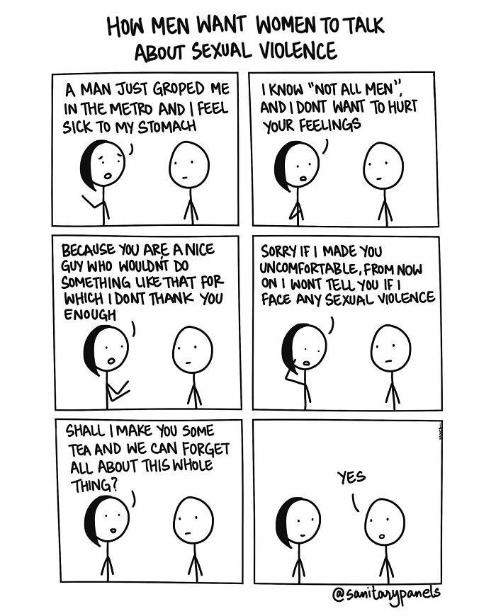 Comic highlighting the irony in societal and political attitudes towards s****l violence discussions in India.