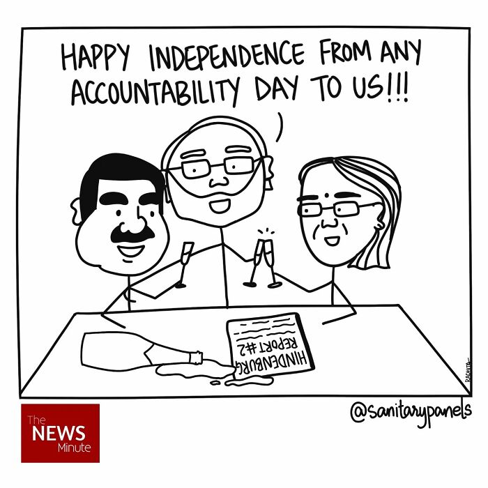 Comics satirizing Indian society and politics with three people celebrating with drinks, highlighting accountability issues.