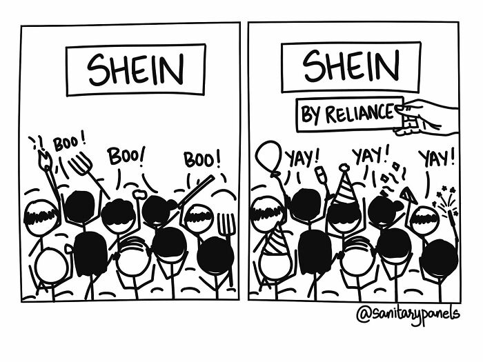 Comic strip highlighting Indian society's reaction to Shein before and after a collaboration, illustrating societal irony.