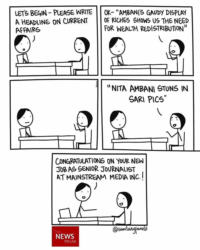 Comic highlighting Indian society and political ironies, featuring a humorous take on journalism and wealth.