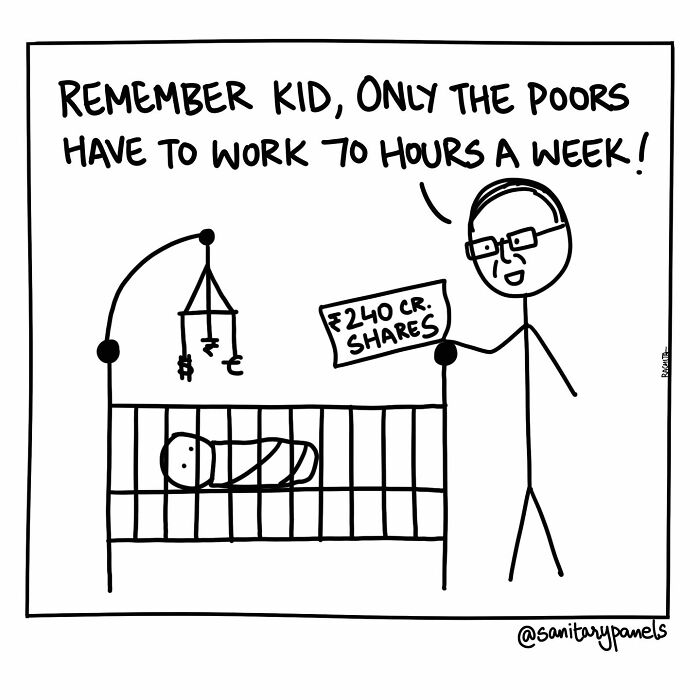 Comic highlighting Indian society ironies with a person holding shares, saying only the poor must work 70-hour weeks.