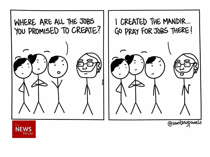 Comic on Indian society and politics: people questioning job creation promises, with a satirical response about building a temple.