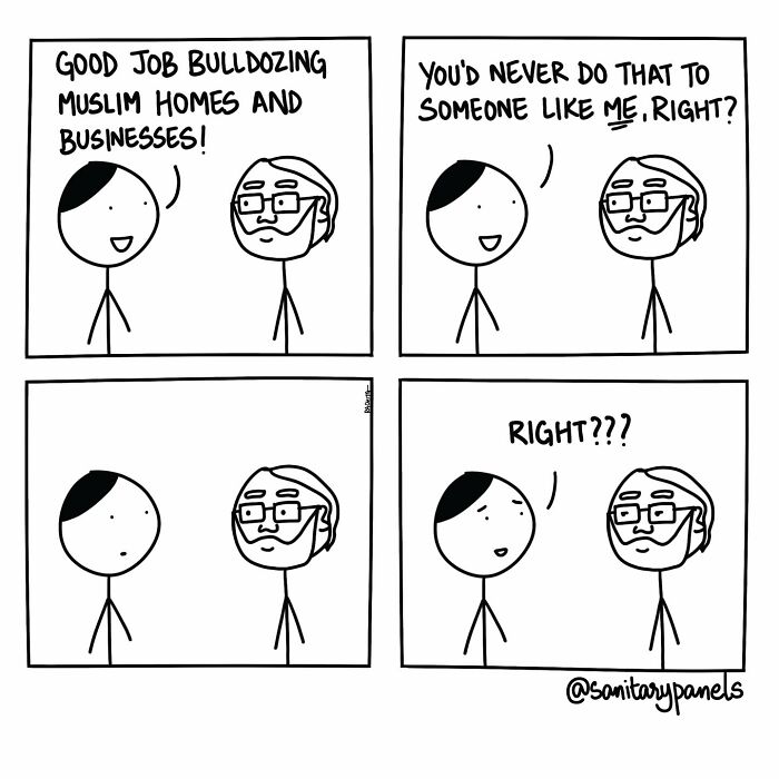 Comic strip highlighting ironies in Indian society, showing two people discussing bulldozing homes and double standards.