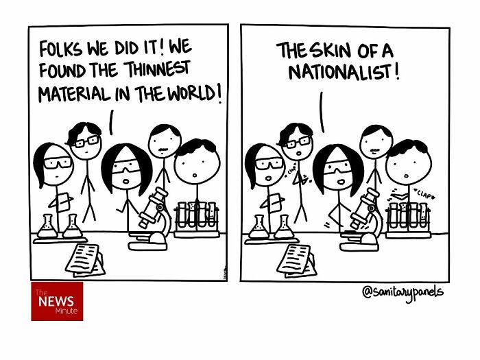 Comic by artist highlighting Indian society's ironies, featuring scientists discussing nationalism in a lab setting.