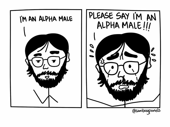Comic highlighting Indian society ironies with a man questioning his "alpha male" status in two frames.