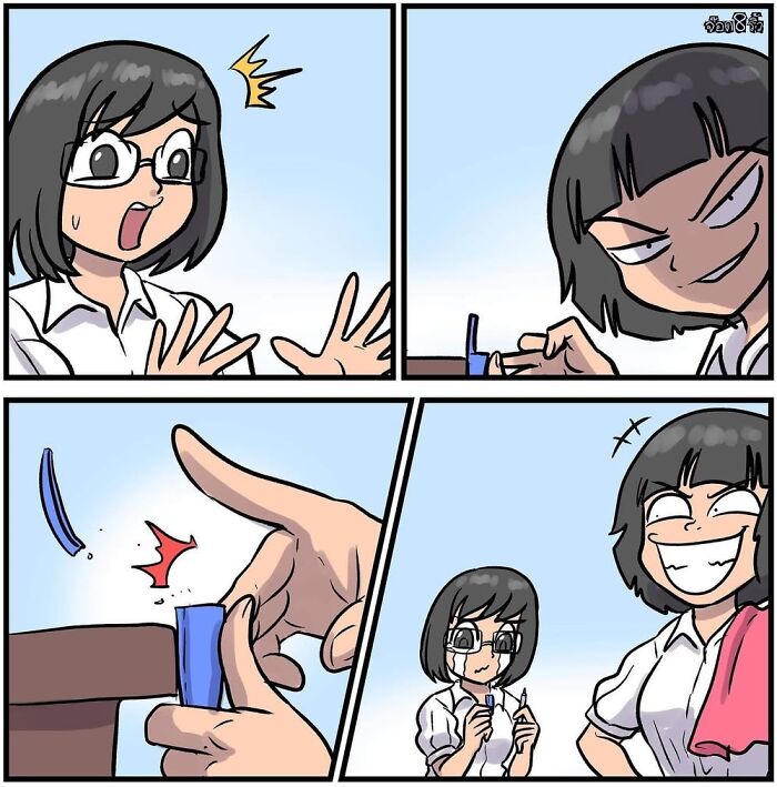 Comic by Jod_8riew showing a woman playfully snapping an object, highlighting unexpected comedy.